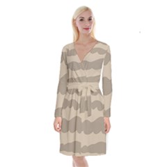 Pattern Wave Beige Brown Long Sleeve Velvet Front Wrap Dress