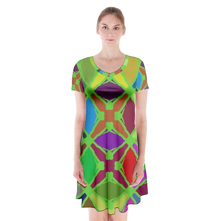 Abstract Pattern Background Design Short Sleeve V-neck Flare Dress