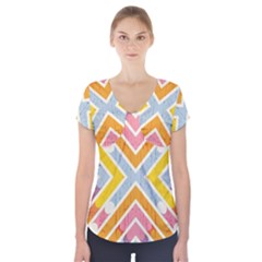 Line Pattern Cross Print Repeat Short Sleeve Front Detail Top by Nexatart