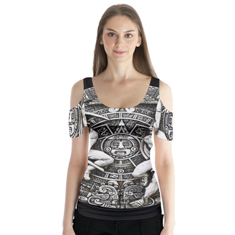 Pattern Motif Decor Butterfly Sleeve Cutout Tee  by Nexatart