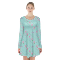 Flower Pink Love Background Texture Long Sleeve Velvet V-neck Dress