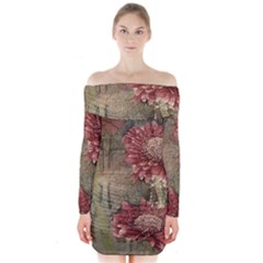 Flowers Plant Red Drawing Art Long Sleeve Off Shoulder Dress by Nexatart