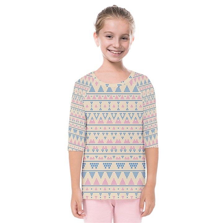 blue and pink tribal pattern Kids  Quarter Sleeve Raglan Tee