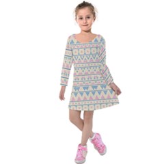 Blue And Pink Tribal Pattern Kids  Long Sleeve Velvet Dress by berwies