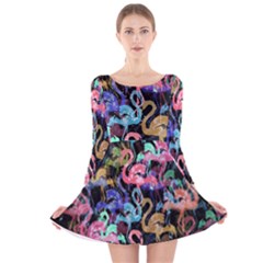 Flamingo pattern Long Sleeve Velvet Skater Dress