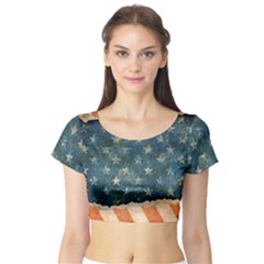 Grunge Ripped Paper Usa Flag Short Sleeve Crop Top (tight Fit) by Mariart