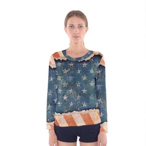 Grunge Ripped Paper Usa Flag Women s Long Sleeve Tee by Mariart