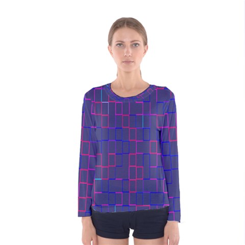 Grid Lines Square Pink Cyan Purple Blue Squares Lines Plaid Women s Long Sleeve Tee by Mariart