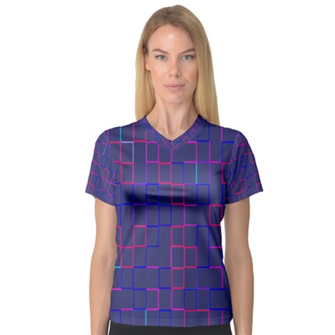 Grid Lines Square Pink Cyan Purple Blue Squares Lines Plaid Women s V-neck Sport Mesh Tee by Mariart