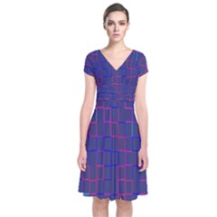 Grid Lines Square Pink Cyan Purple Blue Squares Lines Plaid Short Sleeve Front Wrap Dress by Mariart