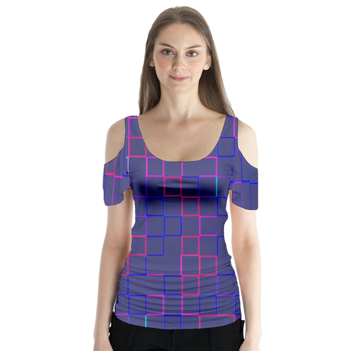 Grid Lines Square Pink Cyan Purple Blue Squares Lines Plaid Butterfly Sleeve Cutout Tee 