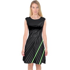 Green Lines Black Anime Arrival Night Light Capsleeve Midi Dress