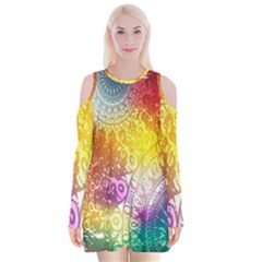 Multi Colour Alpha Velvet Long Sleeve Shoulder Cutout Dress