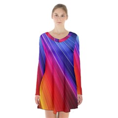 Multicolor Light Beam Line Rainbow Red Blue Orange Gold Purple Pink Long Sleeve Velvet V-neck Dress by Mariart