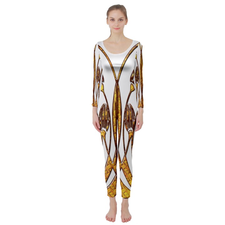 Scroll Gold Floral Design Long Sleeve Catsuit