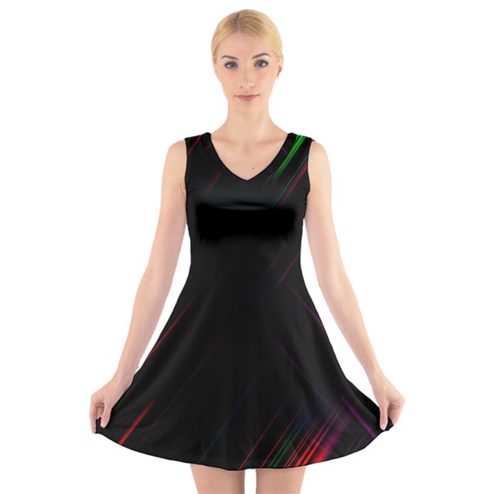 Streaks Line Light Neon Space Rainbow Color Black V-Neck Sleeveless Skater Dress