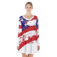 Red White Blue Star Flag Long Sleeve Velvet V-neck Dress by Mariart