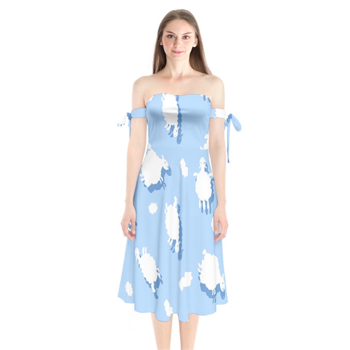 Vector Sheep Clouds Background Shoulder Tie Bardot Midi Dress