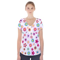 Floral Flowers Background Pattern Short Sleeve Front Detail Top by Nexatart