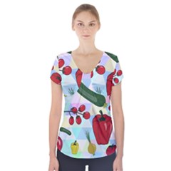 Vegetables Cucumber Tomato Short Sleeve Front Detail Top by Nexatart