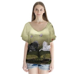 Wonderful Whte Unicorn With Black Horse Flutter Sleeve Top by FantasyWorld7