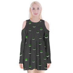Cactus Pattern Velvet Long Sleeve Shoulder Cutout Dress by ValentinaDesign
