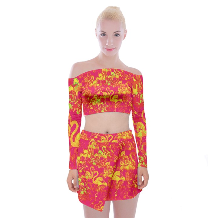 Flamingo pattern Off Shoulder Top with Skirt Set