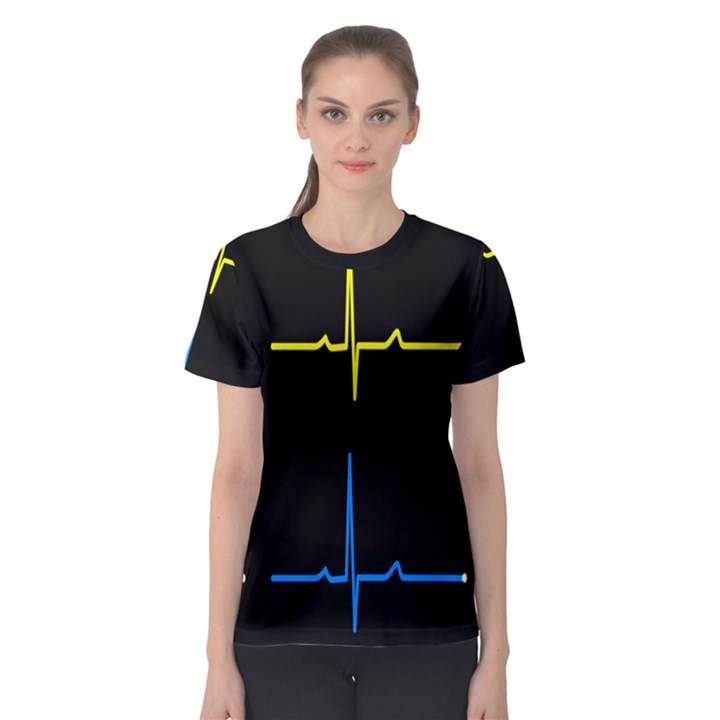 Heart Monitor Screens Pulse Trace Motion Black Blue Yellow Waves Women s Sport Mesh Tee