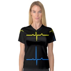 Heart Monitor Screens Pulse Trace Motion Black Blue Yellow Waves Women s V-neck Sport Mesh Tee