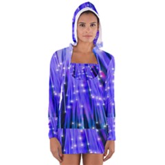 Neon Light Line Vertical Blue Women s Long Sleeve Hooded T-shirt by Mariart