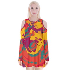 Abstract Art Velvet Long Sleeve Shoulder Cutout Dress by ValentinaDesign