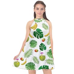 Tropical Pattern Halter Neckline Chiffon Dress 