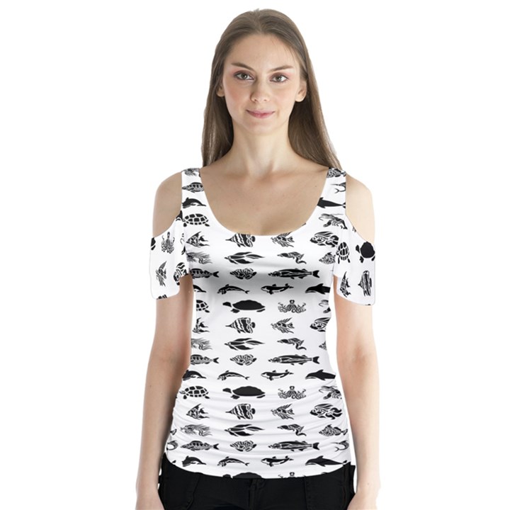 Fish pattern Butterfly Sleeve Cutout Tee 