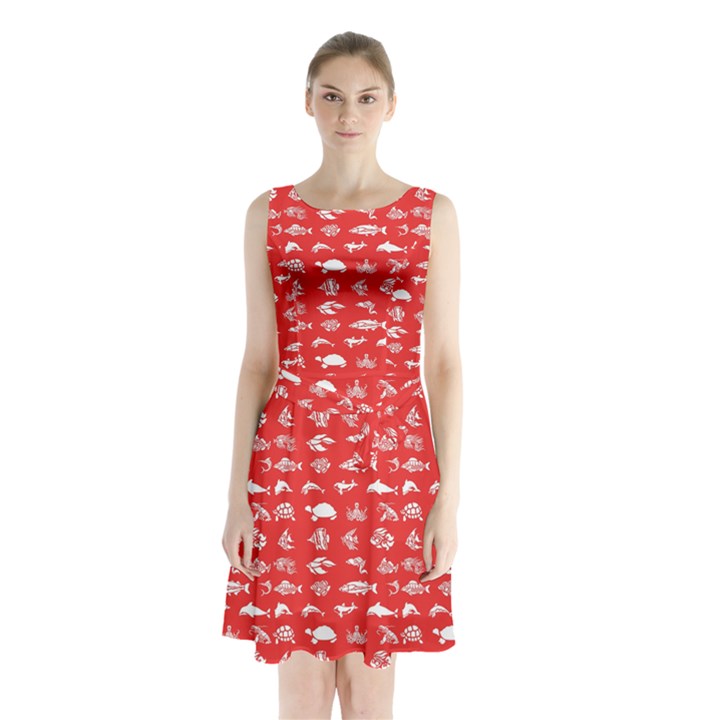 Fish pattern Sleeveless Waist Tie Chiffon Dress