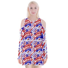 Happy 4th Of July Theme Pattern Velvet Long Sleeve Shoulder Cutout Dress by dflcprintsclothing