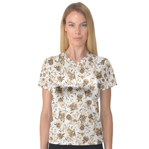 Floral Pattern Women s V-neck Sport Mesh Tee by ValentinaDesign