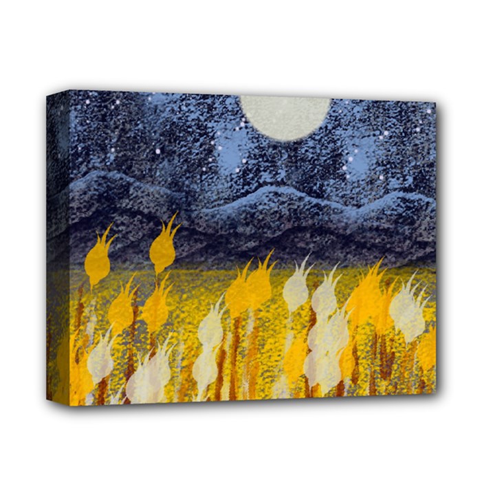 Blue and Gold Landscape with Moon Deluxe Canvas 14  x 11 