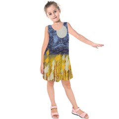 Blue And Gold Landscape With Moon Kids  Sleeveless Dress