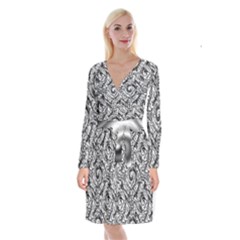 Gray Scale Pattern Tile Design Long Sleeve Velvet Front Wrap Dress