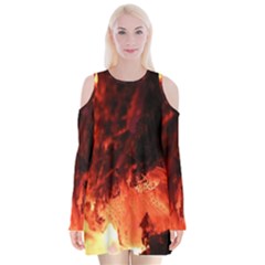Fire Log Heat Texture Velvet Long Sleeve Shoulder Cutout Dress by Nexatart