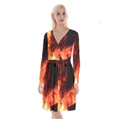 Fire Log Heat Texture Long Sleeve Velvet Front Wrap Dress