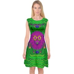 Summer Flower Girl With Pandas Dancing In The Green Capsleeve Midi Dress by pepitasart