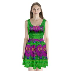 Summer Flower Girl With Pandas Dancing In The Green Split Back Mini Dress  by pepitasart