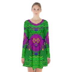 Summer Flower Girl With Pandas Dancing In The Green Long Sleeve Velvet V-neck Dress by pepitasart