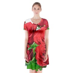 A Bouquet Of Roses On A White Background Short Sleeve V-neck Flare Dress by Nexatart