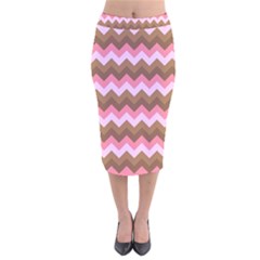 Shades Of Pink And Brown Retro Zigzag Chevron Pattern Velvet Midi Pencil Skirt by Nexatart