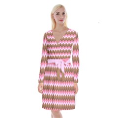 Shades Of Pink And Brown Retro Zigzag Chevron Pattern Long Sleeve Velvet Front Wrap Dress