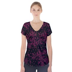 Pink Floral Pattern Background Short Sleeve Front Detail Top by Nexatart
