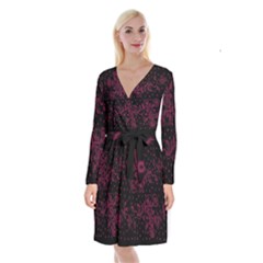 Pink Floral Pattern Background Long Sleeve Velvet Front Wrap Dress