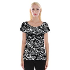Digitally Created Peacock Feather Pattern In Black And White Women s Cap Sleeve Top by Nexatart
